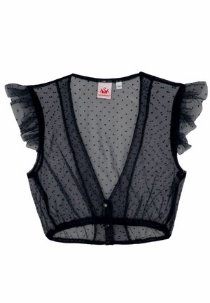 Black sheer cropped blouse with polka dots, ruffled short sleeves, deep V-neck, and front button closure.