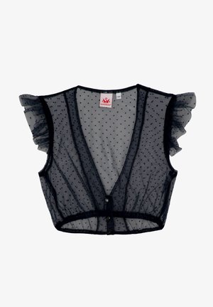 Black sheer cropped blouse with polka dots, ruffled short sleeves, deep V-neck, and front button closure.
