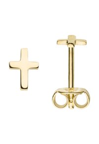 Ohringe in Goldoptik mit einem kreuzförmigen Stecker und einer runden Rückseite. Glatte Textur mit poliertem Finish, minimalistisches Design.