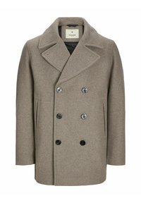Manteau en laine mélangée marron avec un design double boutonnage, de grands boutons noirs, un col cranté et des poches latérales. La texture est douce et lisse.