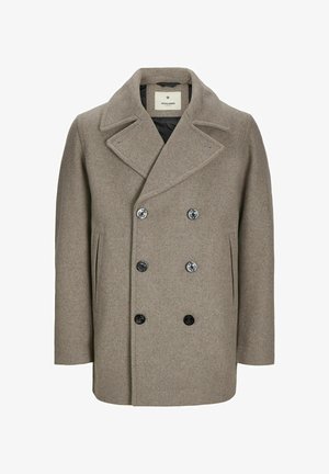 Barna gyapjú keverék peacoat, dupla gombos kialakítással, nagy fekete gombokkal, bepattintható gallérral és oldalsó zsebekkel. A textúra lágy és sima.