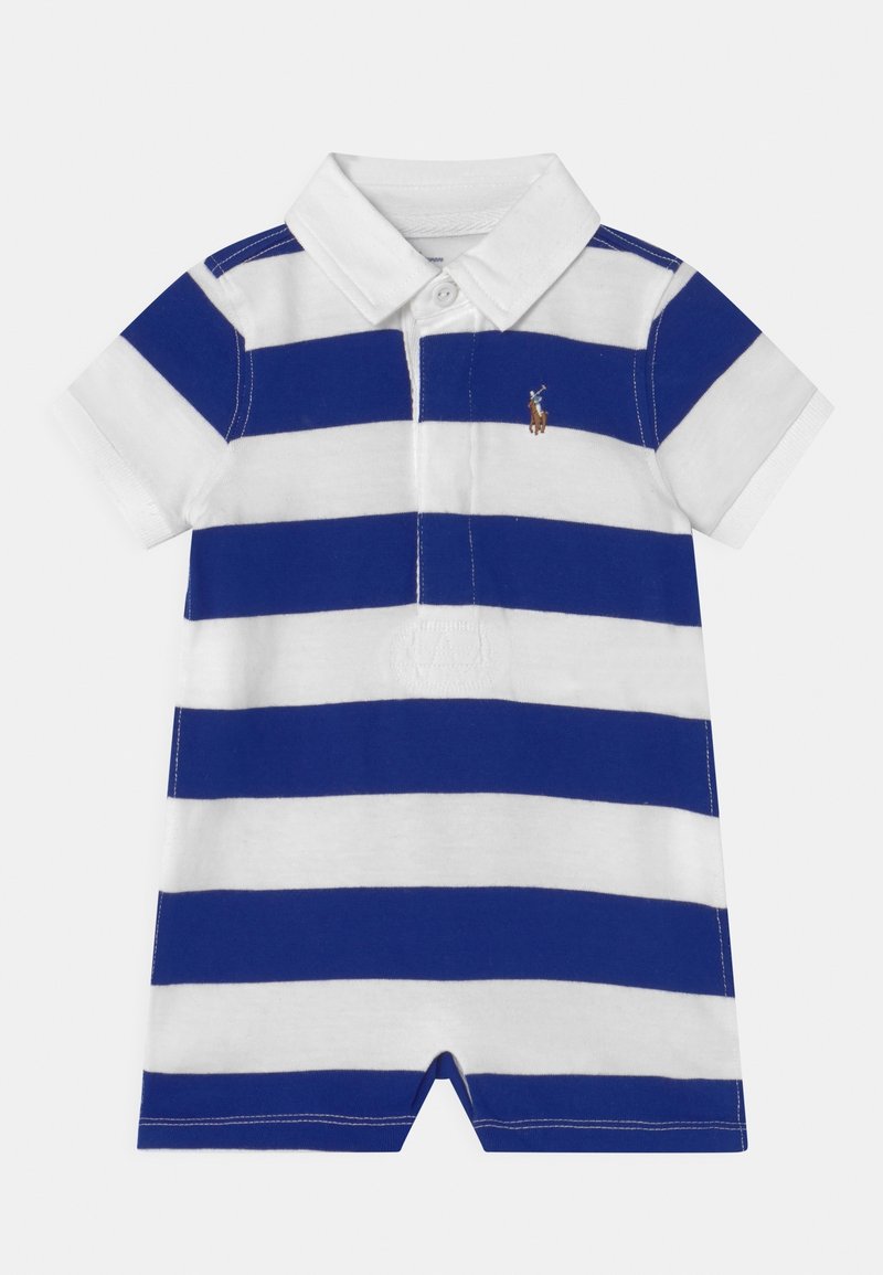 Kraťasový polo overal s modro-bílými vodorovnými pruhy. Bavlněná tkanina, která má límec a malé vyšívané logo na hrudi.
