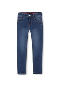 Jeans ajustados de denim azul oscuro con un ligero desvanecido, que cuentan con un cierre de botón, bolsillos delanteros y detalles de costura en naranja.