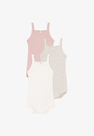 Três bodies sem mangas em algodão macio: um rosa, um cinza claro e um branco. Cada um tem alças finas e um design básico.