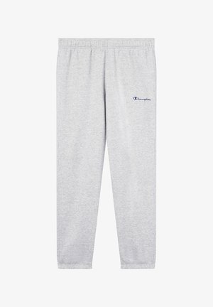 Graue Sweatpants aus weichem Stoff mit elastischem Bund. Eine kleine blaue Champion-Logoprint auf dem linken Oberschenkel. Keine Seitentaschen.