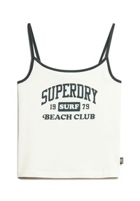 Witte tanktop met dunne zwarte bandjes, voorzien van een grafisch ontwerp in zwart met de tekst "SUPERDRY 1979 SURF BEACH CLUB." Zwarte biesdetails.