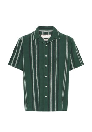 Grøn kortærmet skjorte med knapper og lodrette sorte, hvide og grå striber samt en afslappet krave.