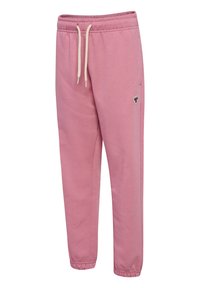 Rosa Jogginghose mit weißem Kordelzug, elastischem Bund und Bündchen, mit kleinem besticktem Logo am rechten Oberschenkel.