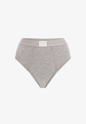 Culottes grises à taille haute en côte, avec une ceinture lisse. Présente une étiquette de marque rectangulaire à l'avant pour identification.
