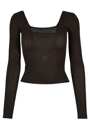 Black long-sleeve top with a square neckline, ribbed texture, and a fitted silhouette. Material appears stretchy and lightweight.