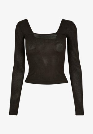 Musthave musta pikkade varrukatega top, millel on ruudukujuline kaelus, ribatekk ja kohandatud siluett. Materjal näib olevat elastne ja kerge.