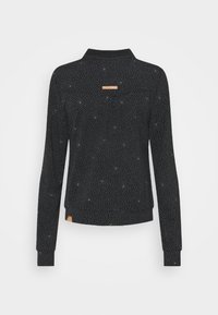 Svart långärmad skjorta med krage, med ett prickigt mönster och en liten logglabel nära kragen. Ribbad manschett och nederkant.