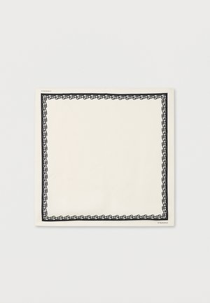 Foulard carré couleur crème avec un motif de bordure abstrait en boucle noire.