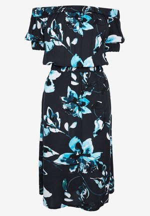 Off-shoulder black dress with blue and white large floral print, elastic waist, and short ruffled sleeves.