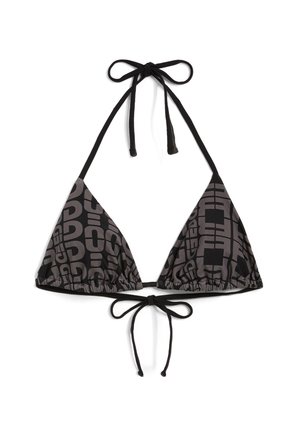 Mustat ja harmaat kuvioidut bikinitopit, kolmion muotoinen ohutolkaimilla, säädettävät nauhat kaulassa ja selässä, rypytetty yksityiskohta reunoilla.