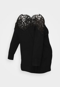 Schwarzer Pullover mit langen Ärmeln und einem Spitzenbesatz am Halsauschnitt. Die Spitze weist ein kunstvolles Muster auf, das Textur und Kontrast verleiht.