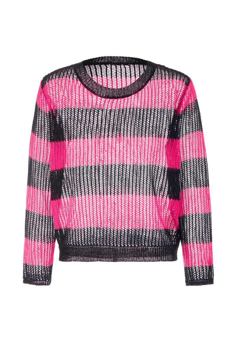 Maglione a righe con strisce orizzontali nere e rosa, scollatura rotonda e maniche lunghe con un design ampio e areato.