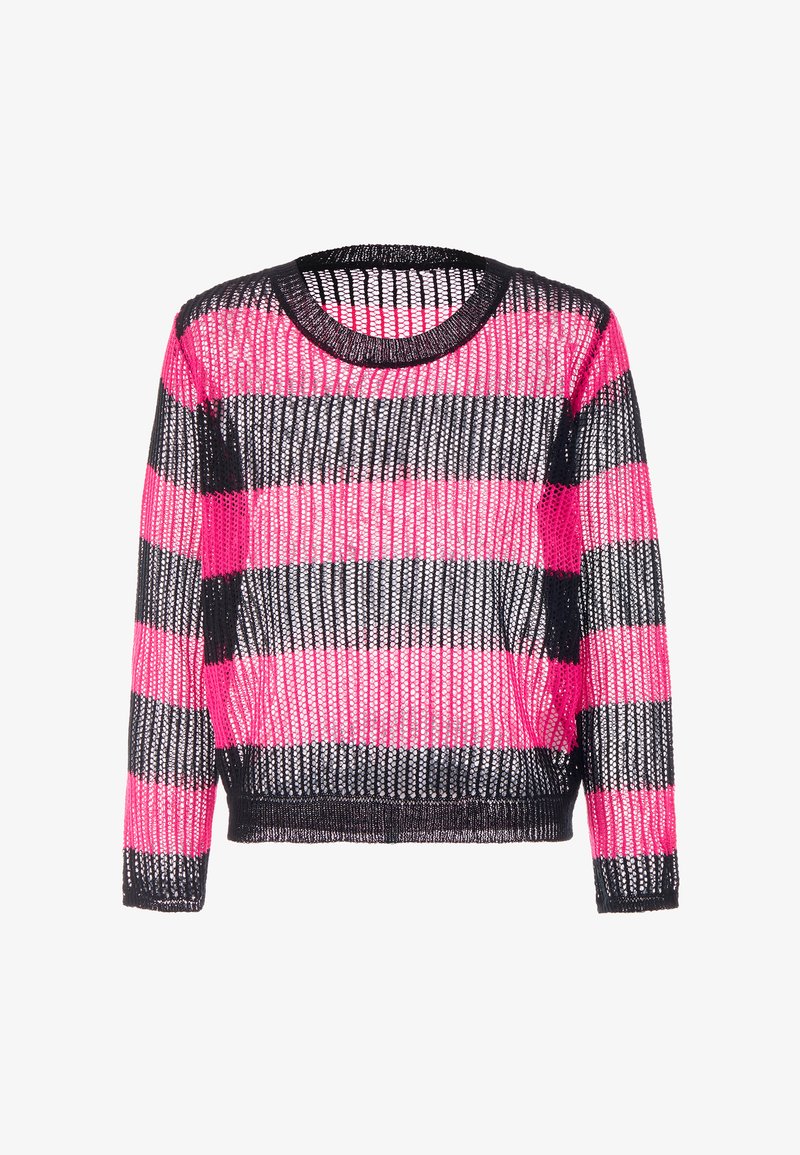 Randig stickad topp med svarta och rosa horisontella ränder, rund halsringning och långa ärmar med en lös, luftig design.