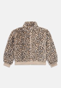 Leopardenmuster-Zip-Jacke aus weichem Kunstfell mit hohem Kragen sowie beigen Rippbündchen und Saum. Die Verschlussseite hat einen hellen Reißverschluss.