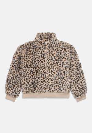 Leketmønstret zip-up jakke med myk faux fur tekstur, høy krage, og beige ribbede mansjetter og kant. Lukking med en lys farget glidelås.