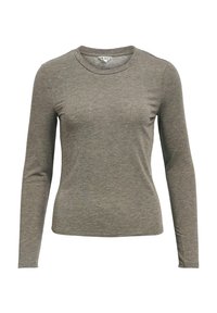 Maglia a maniche lunghe, con colletto a girocollo, realizzata in morbido tessuto grigio a costine. Design aderente con una texture liscia e senza motivi o accenti visibili.
