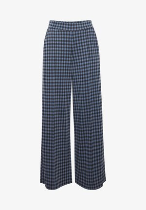 Pantalon à jambes larges avec un motif à carreaux noir et bleu, doté d'une ceinture élastique, confectionné dans un tissu doux à la texture lisse.