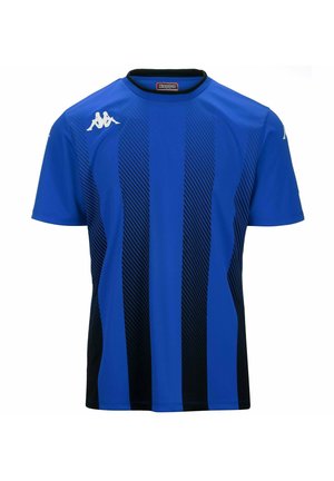 Maglietta sportiva blu con strisce nere, maniche corte, scollatura rotonda e logo Kappa sulla spalla sinistra. Realizzata in materiale leggero.