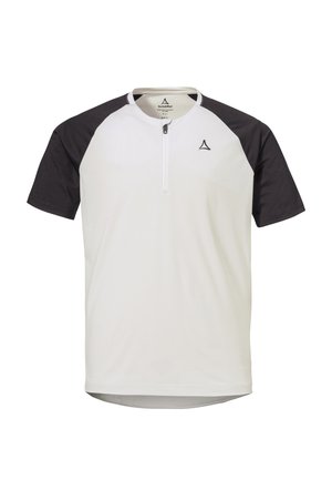 Weißes Sportshirt mit kurzen Ärmeln und schwarzen Ärmeln, vorne mit Reißverschluss und kleinem schwarzem Logo auf der linken Brust.