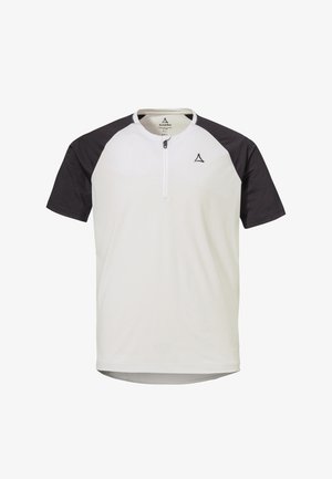 Weißes Sportshirt mit kurzen Ärmeln und schwarzen Ärmeln, vorne mit Reißverschluss und kleinem schwarzem Logo auf der linken Brust.