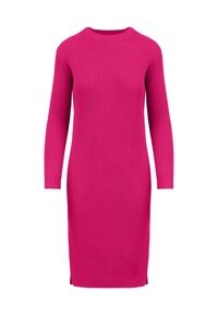 Abito aderente a maniche lunghe in morbido maglione a coste di un vivace colore rosa. Presenta un collo tondo e spacchi laterali all'orlo per una maggiore libertà di movimento.