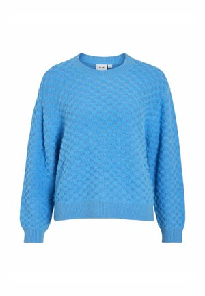 Pull bleu clair tricoté avec un motif texturé en forme de bulles. Comprend un col rond et des poignets et une ceinture côtelés. Coupe décontractée.