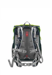 Rugzak met een gekleurde ontwerpen, grijze banden, groene accenten en een gepolsterde rugsteun; inclusief verstelbare gespen voor een goede pasvorm.