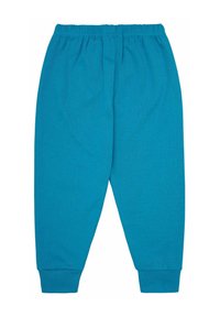 Turquoise katoenen sweatpants met een elastische tailleband, taps toelopende broekspijpen en een gladde textuur, zonder patronen of metalen onderdelen.