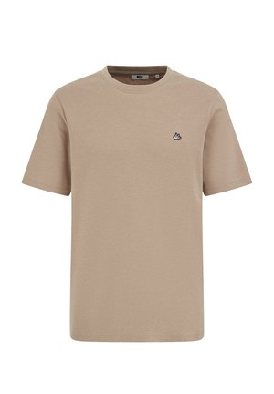 Beeži lühikeste varrukatega t-särk, valmistatud puuvillasegust, millel on ümmargune kaelus ja vasakul rinnal väike musta linnu logo.