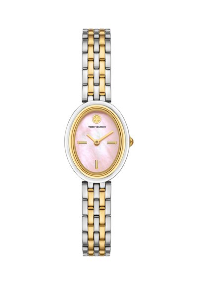 Montre-bracelet bicolore en or et argent avec cadran ovale en nacre rose, index dorés et logo Tory Burch à 12 heures.