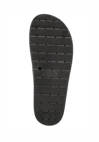 Zwarte rubberen schoenenzool met horizontale groeven, cirkelvormige ventilatiegaten en een ronde teenvorm. Geremde oppervlakte voor grip.