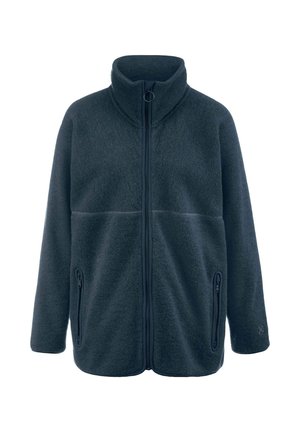 Dunkelgraue Fleecejacke mit hohem Kragen, Frontreißverschluss und seitlichen Reißverschlusstaschen, auf weißem Hintergrund gezeigt.