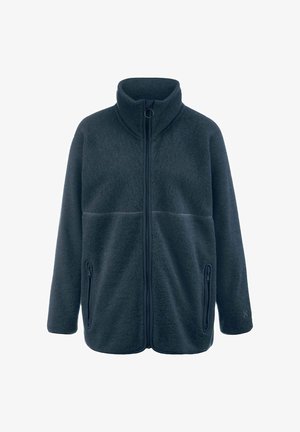 Donkergrijze fleece jas met hoge kraag, vooraan met rits en ritszakken aan de zijkant, weergegeven op een witte achtergrond.