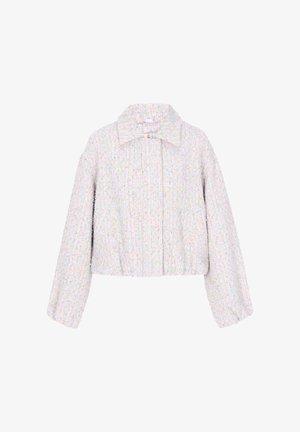 Krótkie, długie rękawy kurtka z teksturowanej, wielokolorowej tkaniny tweedowej i szerokim kołnierzem, z ukrytym przednim zapięciem.