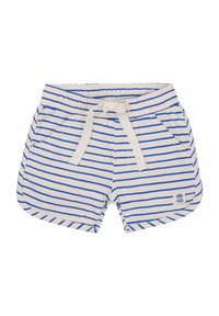 Gestreepte shorts in crème met blauwe horizontale lijnen, elastische tailleband, strikkoord en zakken. Voorzien van een klein logo-opdruk aan de zijkant.