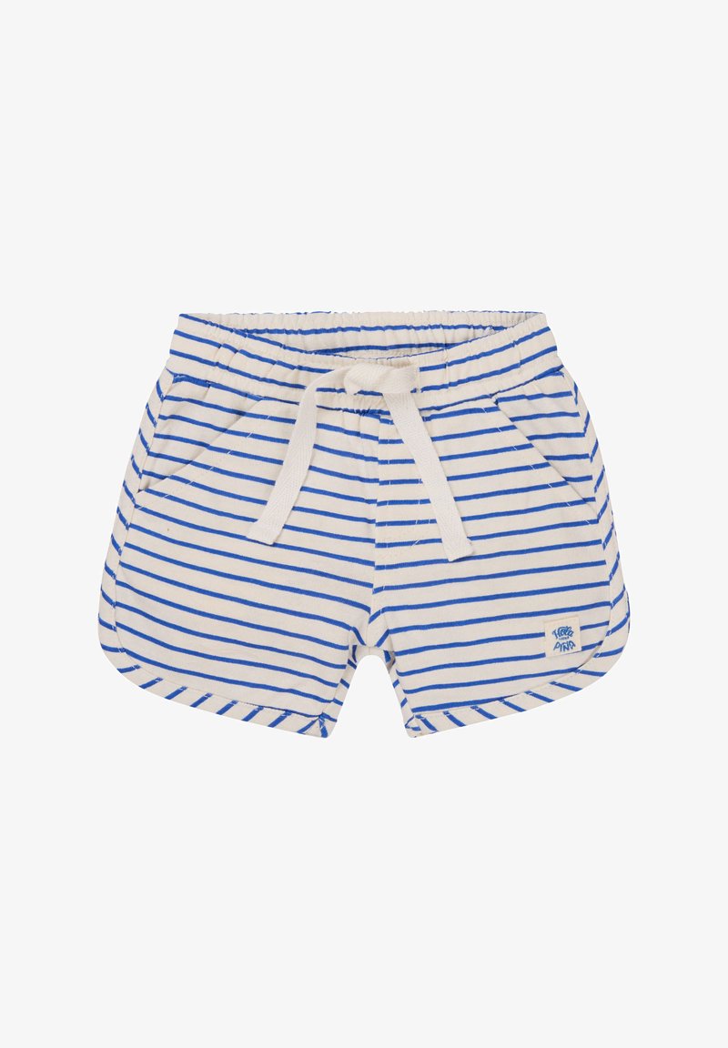 Striped shorts in cream with blue horizontal lines, elastic waistband, drawstring tie, and pockets. Features small logo patch on side.