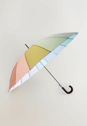 Multicolored umbrella with sections in soft pastel shades of green, yellow, pink, and blue. Metal handle with wooden grip.