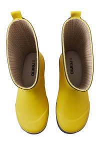 Une paire de bottes de pluie jaunes imperméables avec une doublure beige à motifs et des onglets de traction, vues du dessus, taille 32.