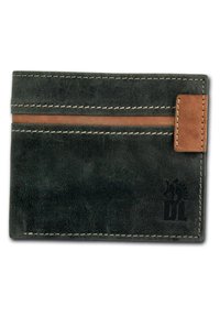Gray leather card holder with a smooth texture, featuring a brown accent stripe and contrast stitching. Logo embossed in bottom corner.
