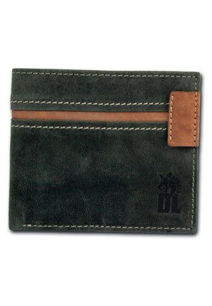 Gray leather card holder with a smooth texture, featuring a brown accent stripe and contrast stitching. Logo embossed in bottom corner.