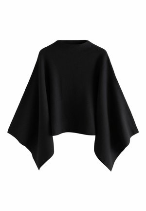 Black poncho-style top made of soft fabric, featuring a round neckline and flowing cut with wide sleeves. Minimalist design, no visible fastenings.