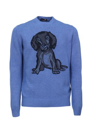 Suéter azul con un diseño de perro tejido en negro y gris en el frente. Cuello redondo, puños y dobladillo acanalados. Fabricado en tejido suave.