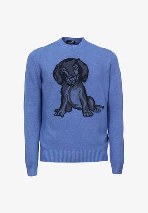 Maglione blu con un design di un cane lavorato a maglia in nero e grigio sulla parte anteriore. Collo rotondo, maniche e orlo a costine. Realizzato in un tessuto morbido.