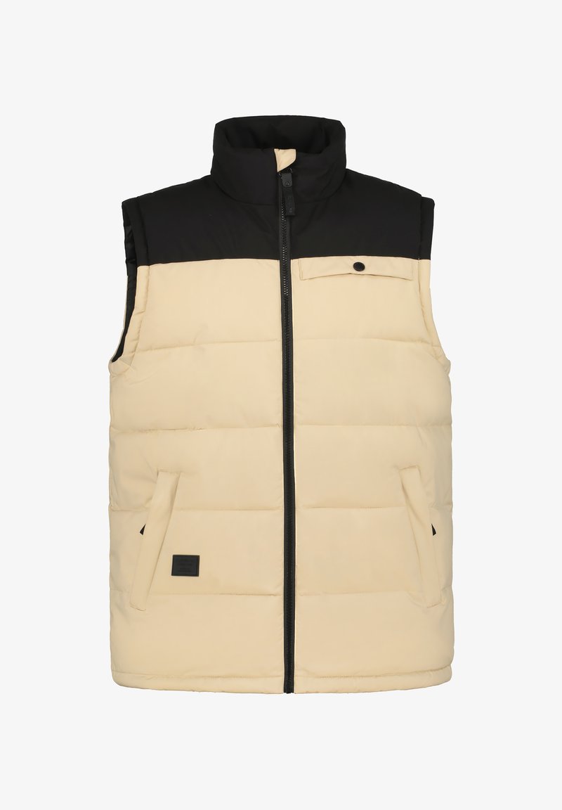 Wattierte Weste in Creme und Schwarz, mit hohem Kragen, Frontreißverschluss, Druckknopf-Tasche und seitlichen Taschen mit strukturierter Oberfläche.
