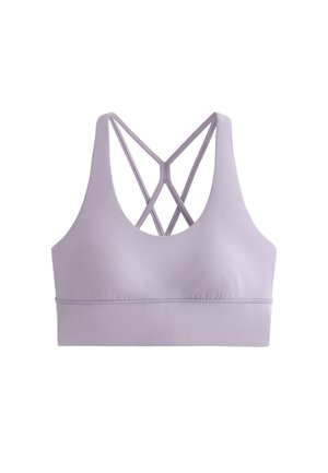 Violetti urheiluliivit, joissa on pyöreä pääntie, leveät hihnat ja ristikkäinen selkäosa. Kangas on sileä ja joustava, ja siinä on tiukka vyötärönauha.